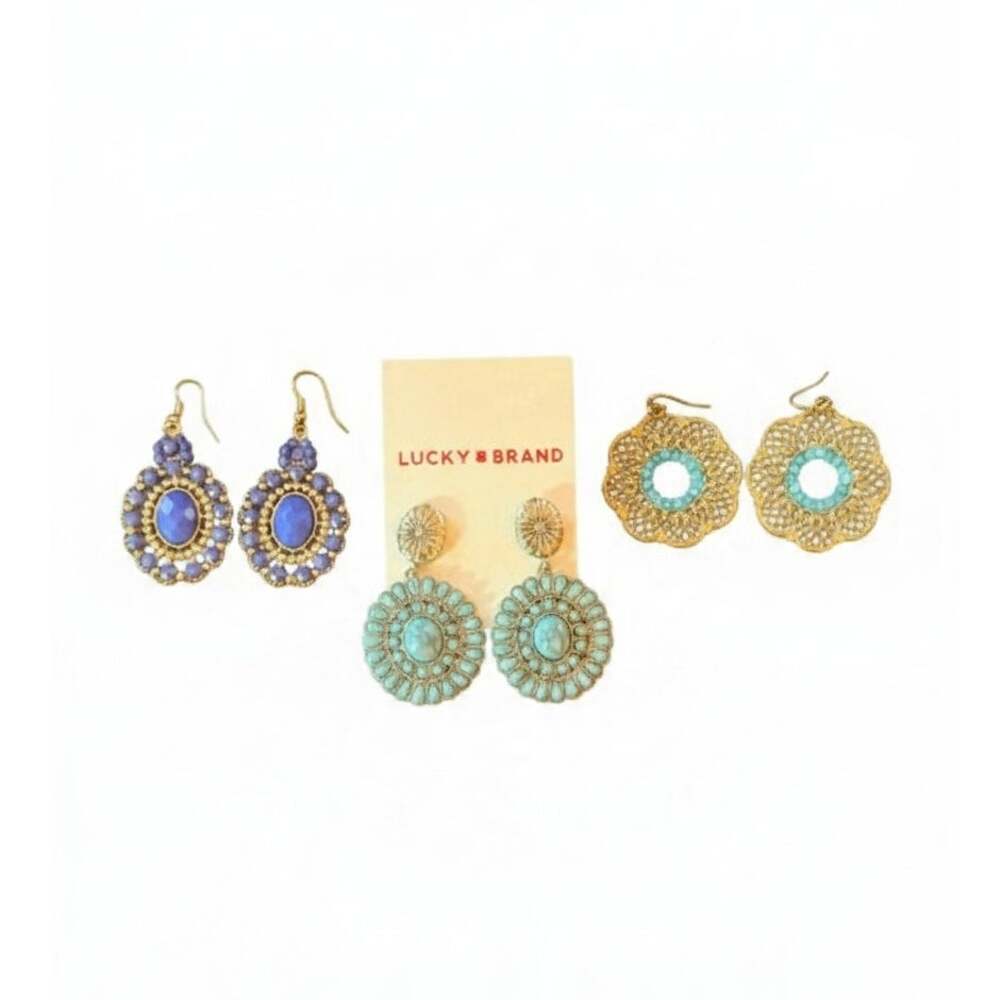 Boho Statement Earrings Bundle 3 Pairs Lucky Brand Blue Gold Turquoise